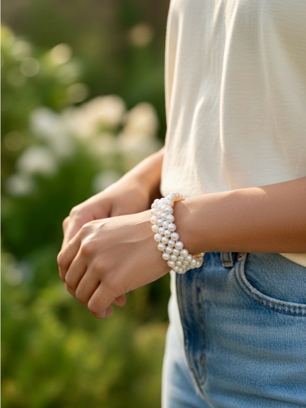 Vintage Faux Pearl Stretch 1” wide Bracelet – Mid-Century Style.  7” circum